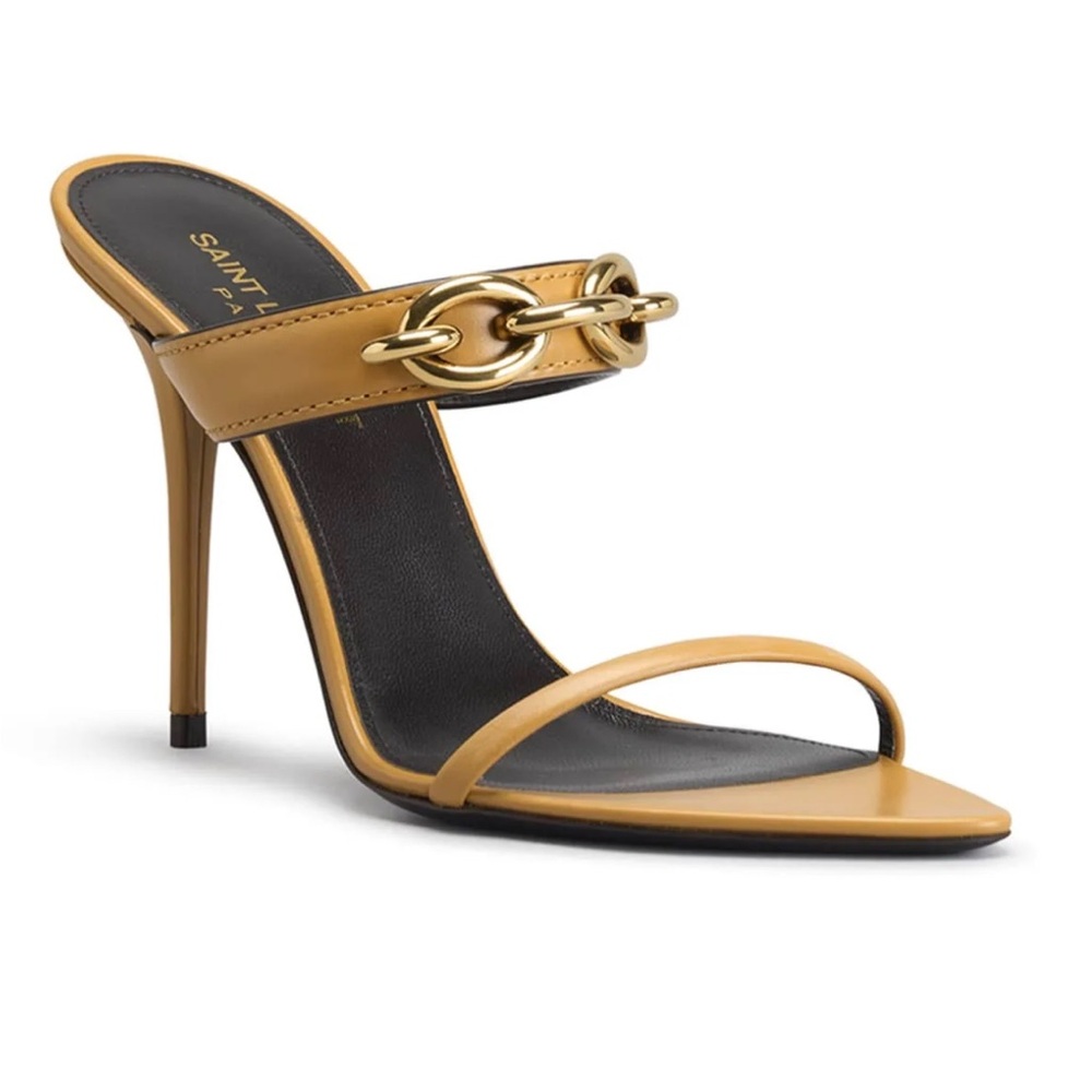 Saint Laurent Le Maillon mule heel sandal with Gold Accent.